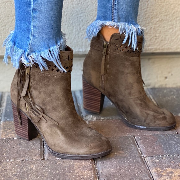 Military Green Fringe Laser Cut Block Heel Booties - Picture 4 of 10